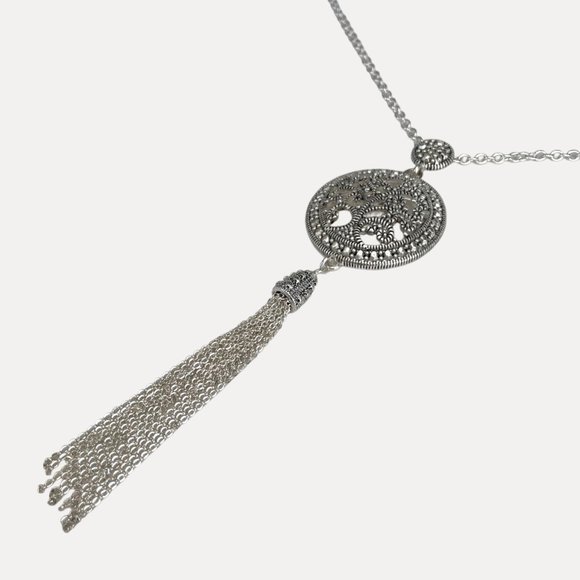 Necklace, Silver Antique Tone, Filigree Round, Tassel, 27"-30" - Picture 6 of 9